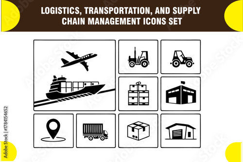 Logistics Icons: A collection of meticulously crafted logistics icons, symbolizing various aspects of supply chain management, from transportation to storage and delivery.