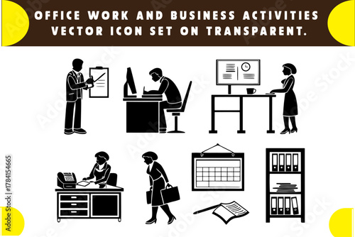 Office Work and Business Activities: A comprehensive set of vector icons depicting various office work scenarios and business activities.