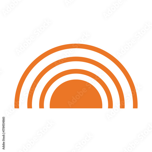 A minimalist graphic design featuring an orange semi-circle composed of three concentric arcs, resembling a stylized rainbow or a rising sun.