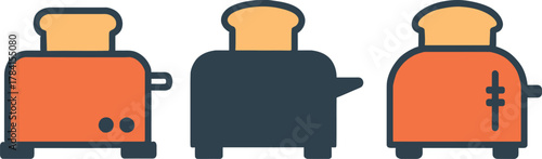 Three Toasters with Bread Slices Ready for Breakfast Appliance Illustration Modern Kitchen Icons Line Art