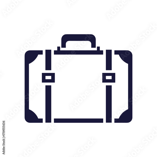 Dark blue suitcase icon with handle and straps on white background.