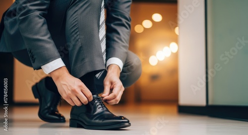 Professional businessman meticulously ties his elegant black dress shoes, preparing for success in a modern office.