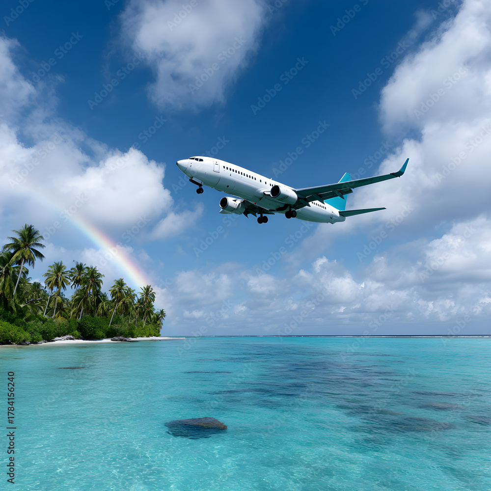 Fototapeta premium Tropical Travel Airplane Taking Off Above Turquoise Ocean with Rainbow in Background