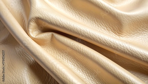 Close-up of luxurious beige leather fabric with natural texture and elegant folds, perfect for backgrounds and textile design.