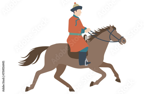 モンゴルの伝統衣装で馬に乗る人物のイラスト