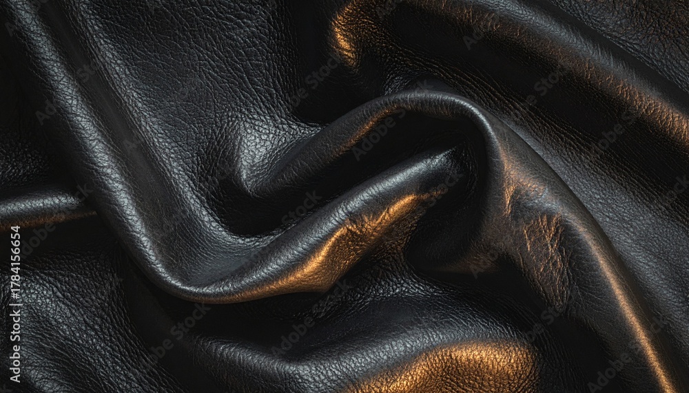 Fototapeta premium Wrinkled black leather texture with subtle light reflections, elegant abstract background for fashion, upholstery, or luxury design.