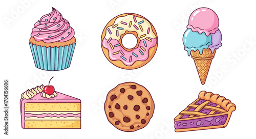 Illustration showing a cupcake donut ice cream cake cookie and pie desserts