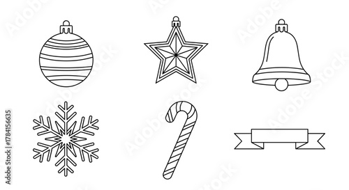 Illustration of christmas ornament, star, bell, snowflake, candy cane and banner