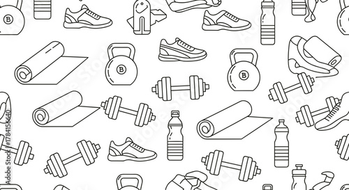 Seamless pattern featuring fitness equipment like dumbbells and yoga mats shown