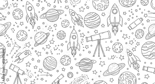 Seamless pattern with hand drawn space elements including rockets planets stars