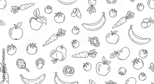 Seamless pattern with hand drawn fruits and vegetables in black and white style