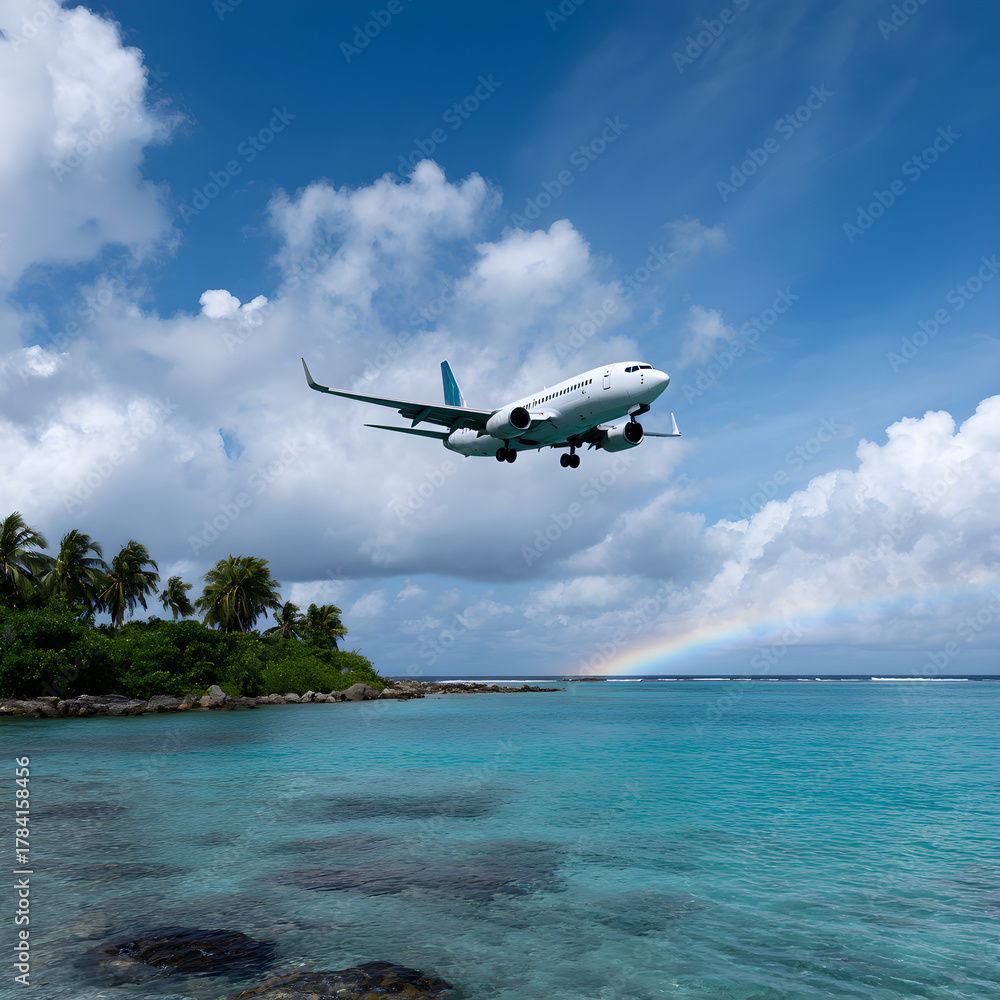 Naklejka premium Airplane Flying Over Tropical Island Paradise with Rainbow Captivating Travel Destination