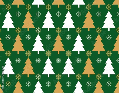 Seamless Green Christmas Pattern with Stylized Fir Trees and Snowflakes