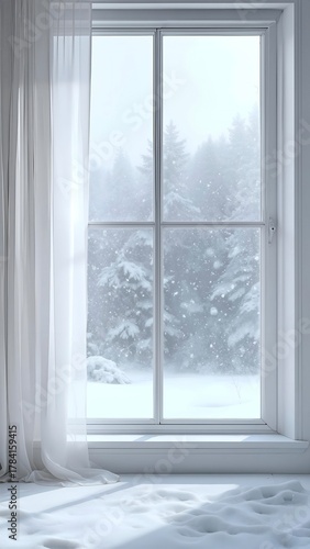 Sunlight streams through a window covered with a sheer white curtain, illuminating a snowy scene outside and a pile of snow on the floor inside a bright white room