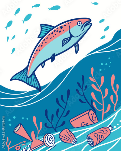 Fish swimming among plastics in the ocean.