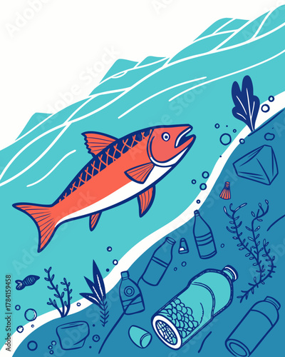 Fish swimming among plastics in the ocean.