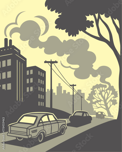 A city covered in pollution and cars emitting fumes.