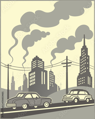 A city covered in pollution and cars emitting fumes.