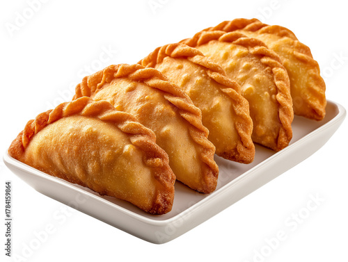 Fried empanada snack with golden crispy crust served on white rectangular plate, perfect for casual meal or appetizer with delicious texture and warm color