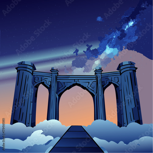 Mystical Archway Leading to the Celestial Realm Through Dreamlike Clouds Under a Starry Night Sky