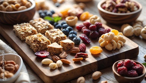 Healthy Lifestyle wooden board filled with homemade healthy snacks featuring nuts, fruits, and granola bars arranged beautifully to inspire balanced nutrition and mindful everyday eating habits