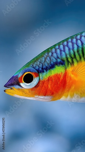 Close up profile of a vibrantly colored tropical fish with iridescent scales showing blue green yellow orange and red hues against a blurred blue aquatic background