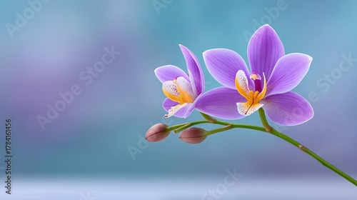 Delicate Pink Orchid Blossoms With Budding Stems Bathed In Soft Natural Daylight Against A Blurry Pastel Background