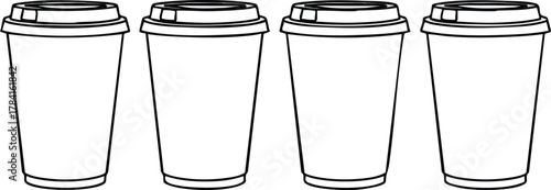 Four Paper Cups with Lids in a Row Line Art Illustration