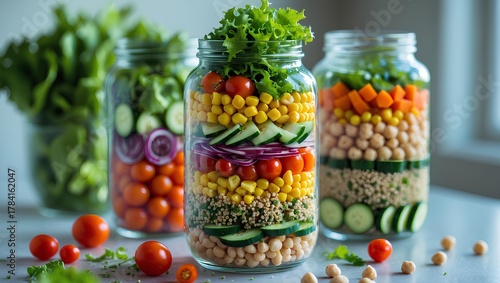 Mobile Wallpaper layered salad jar in a glass bottle filled with colorful fresh ingredients, creating a vibrant and refreshing visual of healthy eating in style.