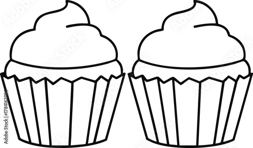 Simple black and white line art illustration of two cupcakes, perfect for coloring books