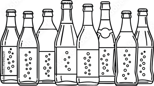 Line art illustration of assorted glass bottles filled with carbonated beverages