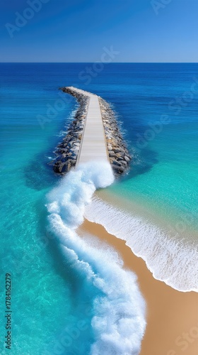 Concrete Jetty Path Extends Into Turquoise Ocean With Bright Blue Sky Above Foaming Waves Gently Wash Over Sandy Beach Shoreline Underneath Sunlight