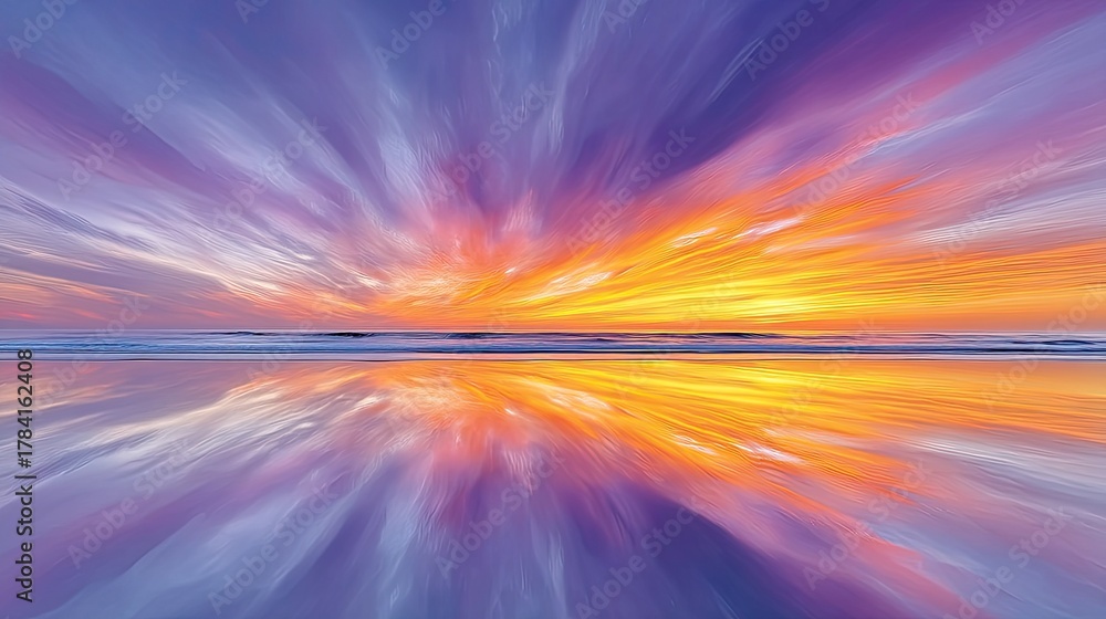 Obraz premium Dramatic Orange Sunset Over Calm Ocean Reflecting Brilliant Colors on Shoreline with Sky Streaks