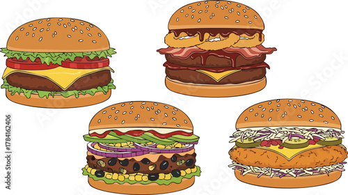 A Variety of Delicious Burgers Illustration with Different Toppings and Unique Combinations