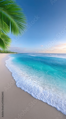 Idyllic Tropical Beach Scene With Crystal Clear Turquoise Water Gentle Waves Washing Ashore on a Sandy Shore Under a Clear Blue Sky with Distant Palm Trees and Soft Sunlight