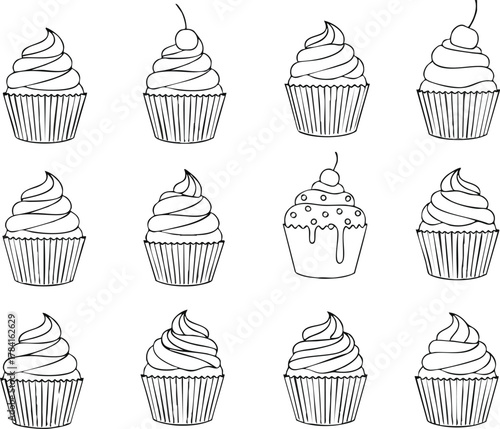 Whimsical Cupcake Collection A Black and White Line Art Delight