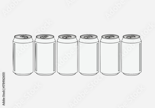 Six Blank Soda Cans Lined Up on Light Background
