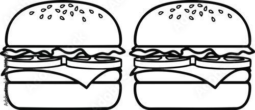 Delicious Black and White Burger Duo Illustration with Cheese and Toppings, Perfect for Food-Related Designs