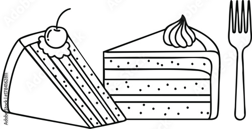 Black and White Outline of Two Cake Slices with a Fork