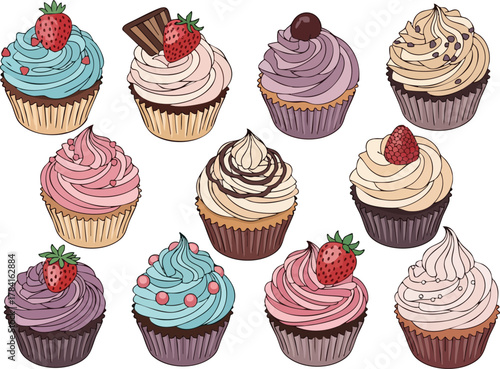 Variety of Cupcakes with Different Flavors and Toppings, Set of Delicious Desserts
