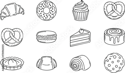 Bakery Treats Line Art Croissant, Donut, Cupcake, Pretzel, Macaron & More