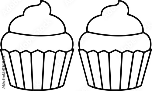 Two Cupcakes Outlined Against White Background - Black and White Food Art