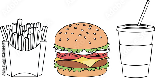 Illustration of a Burger, Fries, and Drink Outlined in Black