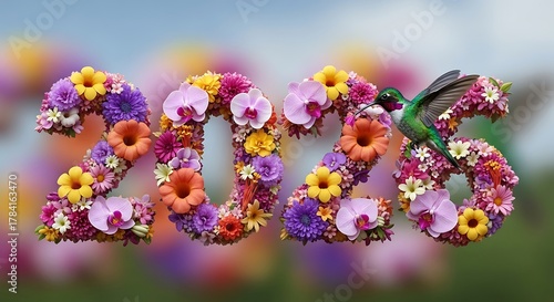 Year 2026 made of flowers with hummingbird flying around