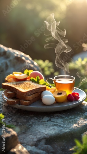 Mobile Wallpaper outdoor rock surface featuring a healthy breakfast arrangement with fresh colors, natural lighting, and serene details that evoke calm nourishing moments