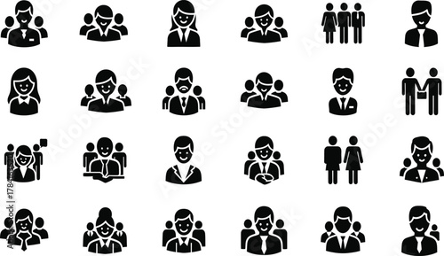 Business team avatar icons set, diverse office people silhouettes in groups and portraits, corporate staff symbols, black vector collection for UI and branding.