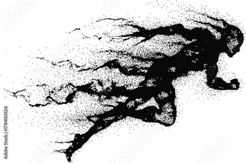 Dot particle runner silhouette, dynamic sprinting figure dissolving into stippled dust trail, abstract motion energy, black-and-white sports vector art.