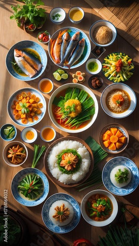 Flat lay of healthy local foods from various regions presented as a mobile wallpaper featuring bright colorful dishes arranged to inspire wellness energy