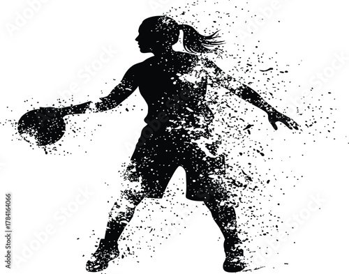 Female basketball silhouette with heavy ink splatter effect, dynamic stance holding ball, athletic action figure, black-and-white sports vector illustration.