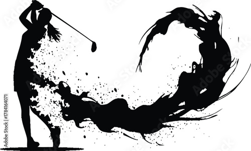 Female golfer swing silhouette with dramatic ink splash trail forming a sweeping arc, dynamic black-and-white sports vector illustration.